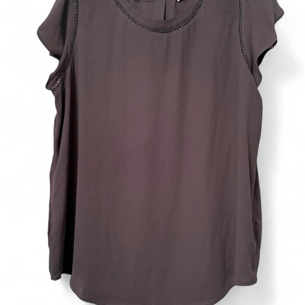 LOFT Gray Blouse w/ petal sleeves & button up back embroidered detail Sz L